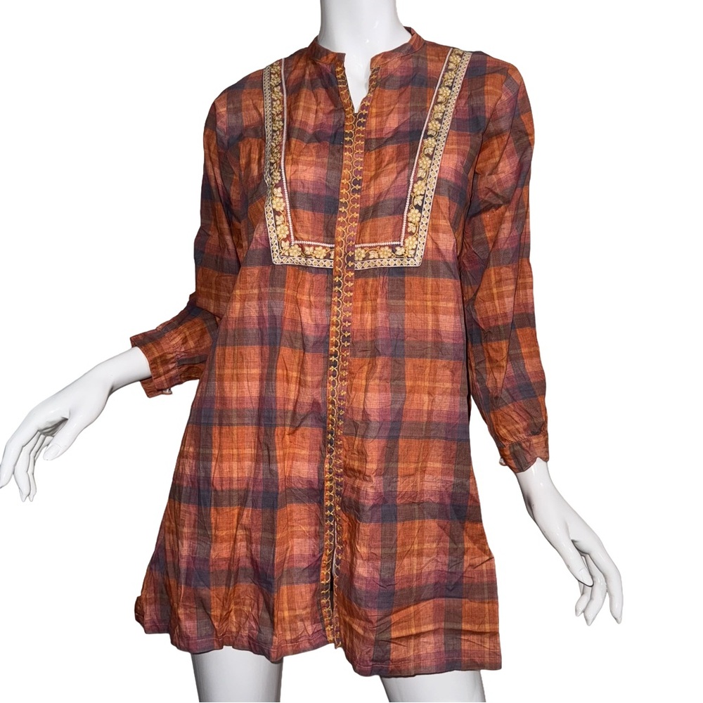 Earthy Plaid Embroidered Trim Boho‎ Tunic Cottagecore Lagenlook Natural Fibers